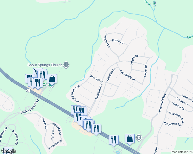 map of restaurants, bars, coffee shops, grocery stores, and more near 59 Prestige Drive in Cameron