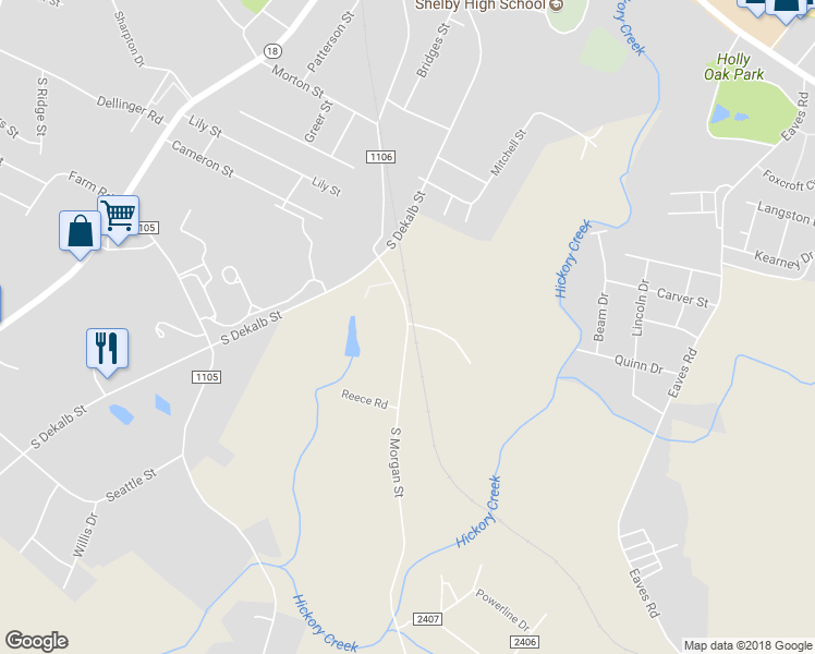 map of restaurants, bars, coffee shops, grocery stores, and more near 1480 South Morgan Street in Shelby