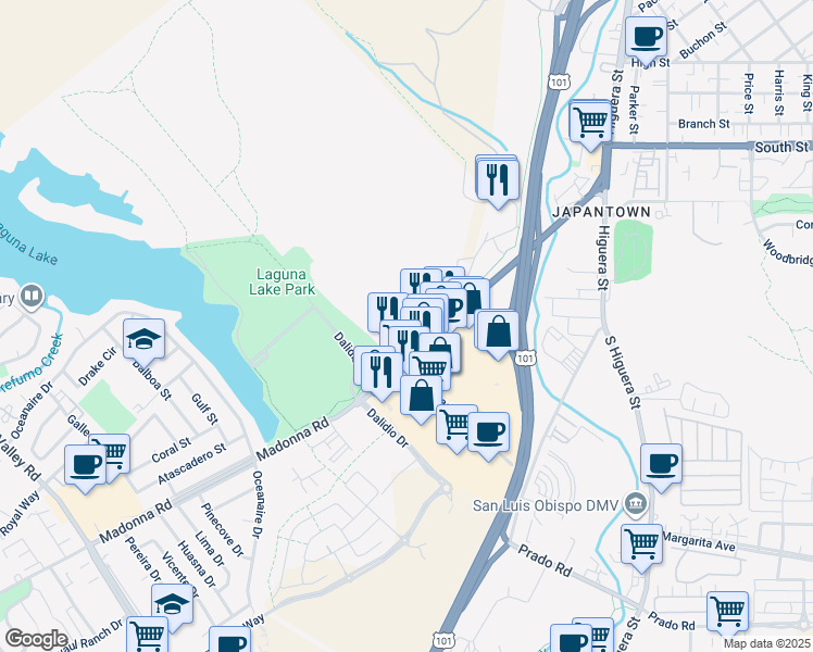 map of restaurants, bars, coffee shops, grocery stores, and more near 214 Madonna Road in San Luis Obispo