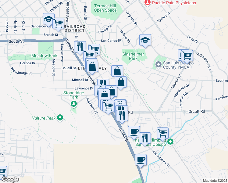 map of restaurants, bars, coffee shops, grocery stores, and more near 2909 Garibaldi Avenue in San Luis Obispo