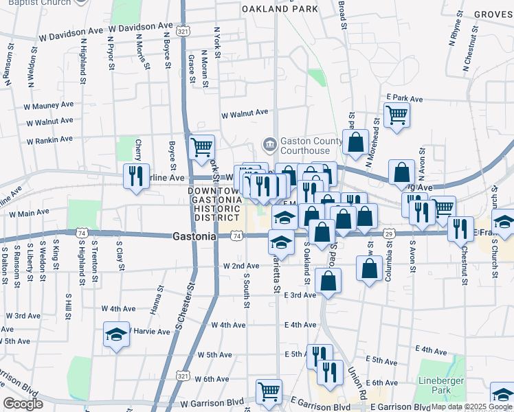 map of restaurants, bars, coffee shops, grocery stores, and more near 169 West Main Avenue in Gastonia