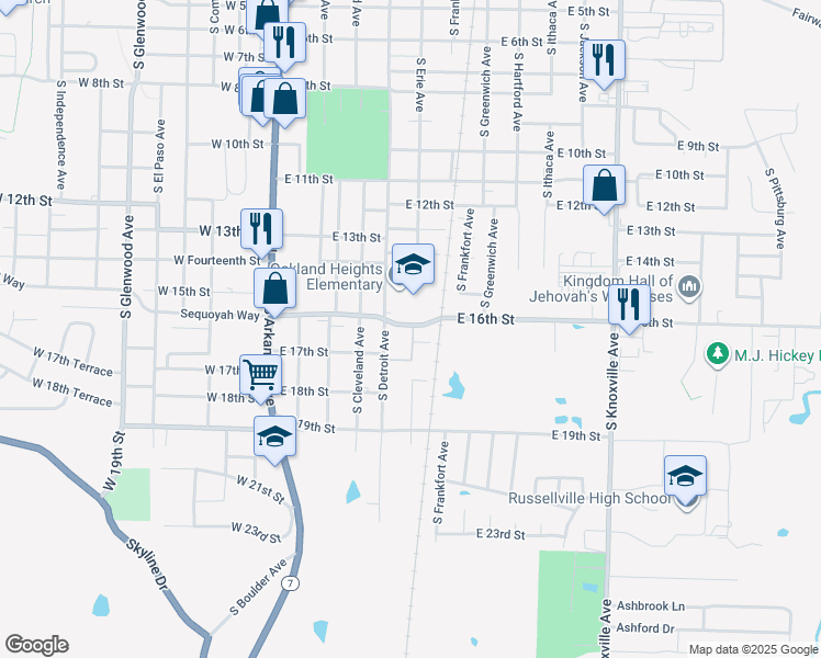 map of restaurants, bars, coffee shops, grocery stores, and more near 1600 South Erie Avenue in Russellville