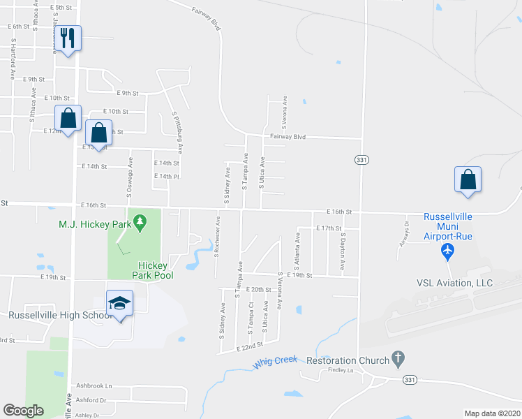 map of restaurants, bars, coffee shops, grocery stores, and more near 1599 South Utica Avenue in Russellville