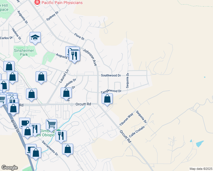 map of restaurants, bars, coffee shops, grocery stores, and more near 3559 Sycamore Drive in San Luis Obispo