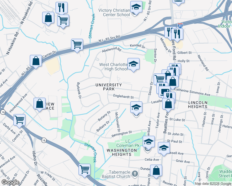 map of restaurants, bars, coffee shops, grocery stores, and more near 2732 Englehardt Street in Charlotte