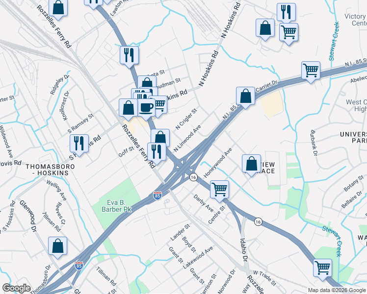 map of restaurants, bars, coffee shops, grocery stores, and more near 218 North Linwood Avenue in Charlotte
