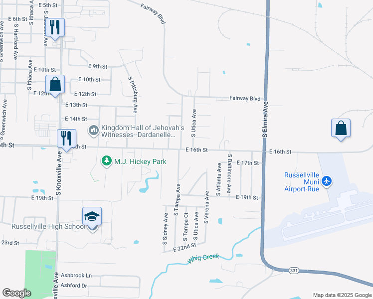 map of restaurants, bars, coffee shops, grocery stores, and more near 1506 South Utica Avenue in Russellville