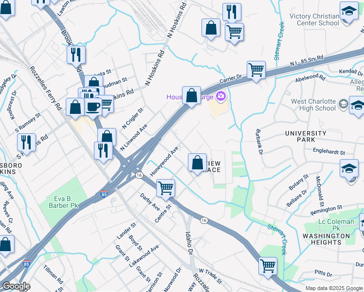 map of restaurants, bars, coffee shops, grocery stores, and more near 3523 Tennessee Avenue in Charlotte