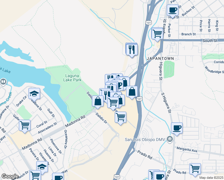 map of restaurants, bars, coffee shops, grocery stores, and more near 214 Madonna Road in San Luis Obispo