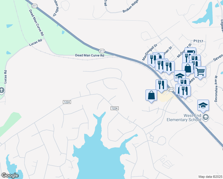 map of restaurants, bars, coffee shops, grocery stores, and more near 170 Lamplighter Lane in Seven Lakes
