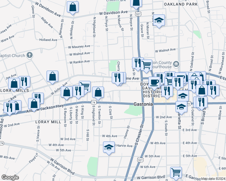 map of restaurants, bars, coffee shops, grocery stores, and more near 601 West Main Avenue in Gastonia