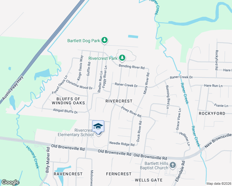 map of restaurants, bars, coffee shops, grocery stores, and more near 5045 Rivercrest Lane in Bartlett