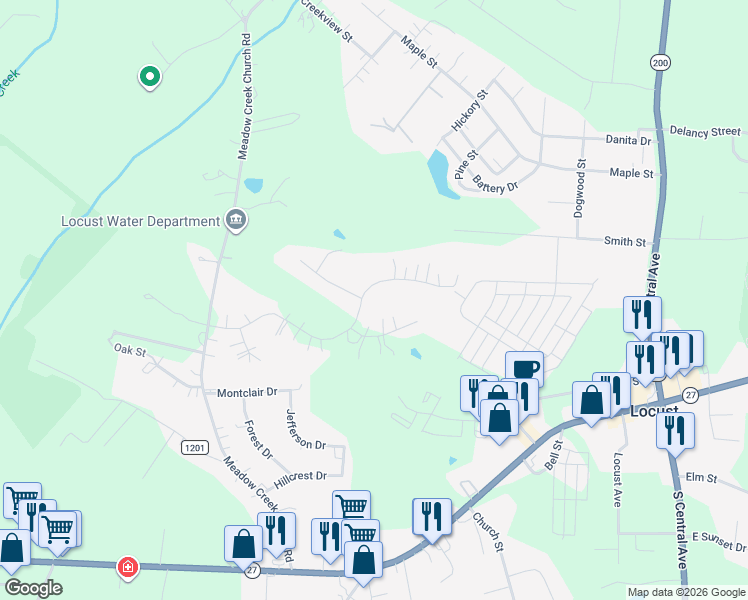 map of restaurants, bars, coffee shops, grocery stores, and more near 302 Old Hickory Road in Locust