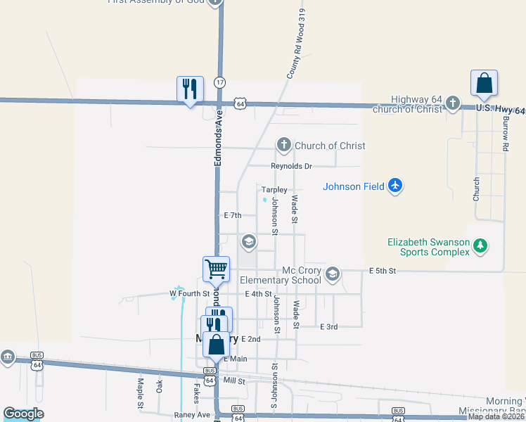 map of restaurants, bars, coffee shops, grocery stores, and more near 613 Johnson Street in McCrory