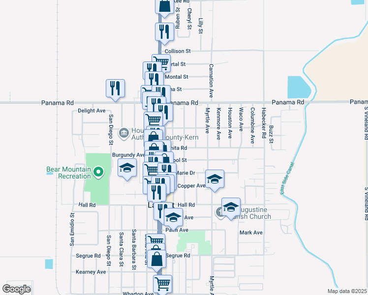 map of restaurants, bars, coffee shops, grocery stores, and more near Elmco Avenue in Lamont