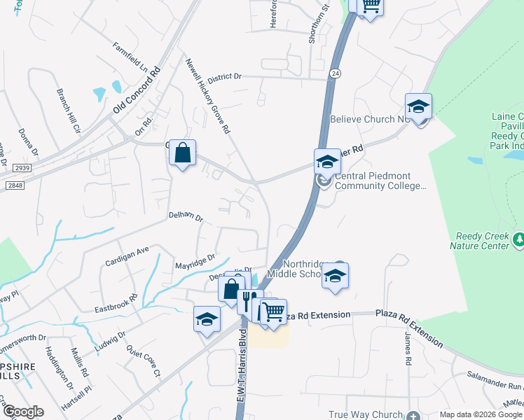 map of restaurants, bars, coffee shops, grocery stores, and more near 3732 Huyton Court in Charlotte