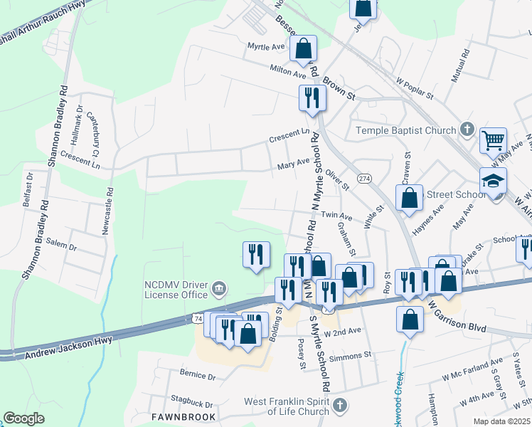 map of restaurants, bars, coffee shops, grocery stores, and more near 2427 Twin Avenue in Gastonia