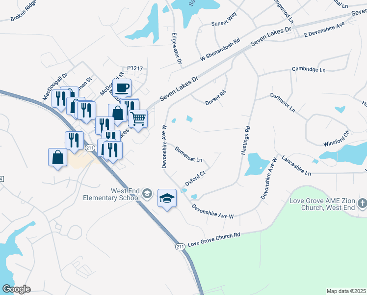 map of restaurants, bars, coffee shops, grocery stores, and more near 109 Somerset Lane in Seven Lakes