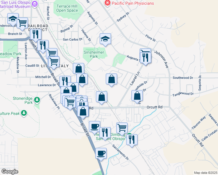 map of restaurants, bars, coffee shops, grocery stores, and more near 1150 Laurel Lane in San Luis Obispo