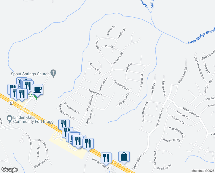 map of restaurants, bars, coffee shops, grocery stores, and more near 58 Candler Court in Cameron