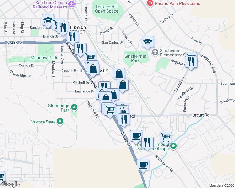 map of restaurants, bars, coffee shops, grocery stores, and more near 2917 Garibaldi Avenue in San Luis Obispo