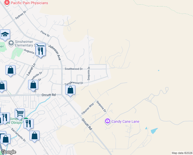 map of restaurants, bars, coffee shops, grocery stores, and more near 1748 Lee Ann Court in San Luis Obispo