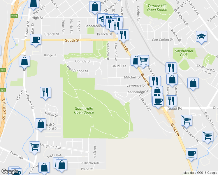 map of restaurants, bars, coffee shops, grocery stores, and more near 456 Stoneridge Drive in San Luis Obispo