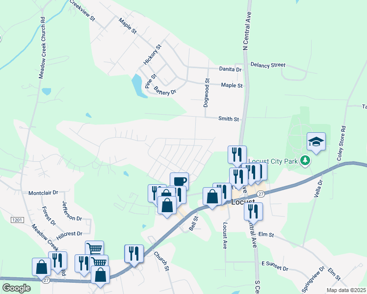 map of restaurants, bars, coffee shops, grocery stores, and more near 139 Kingston Drive in Locust