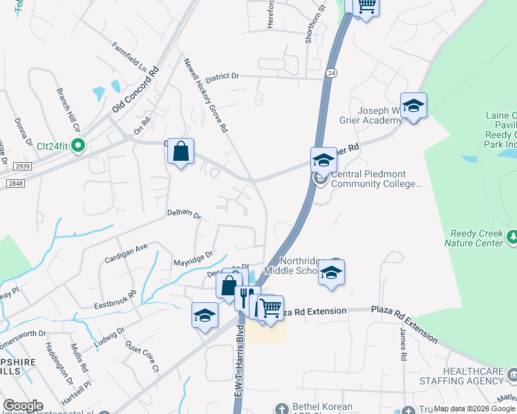 map of restaurants, bars, coffee shops, grocery stores, and more near 3732 Huyton Court in Charlotte