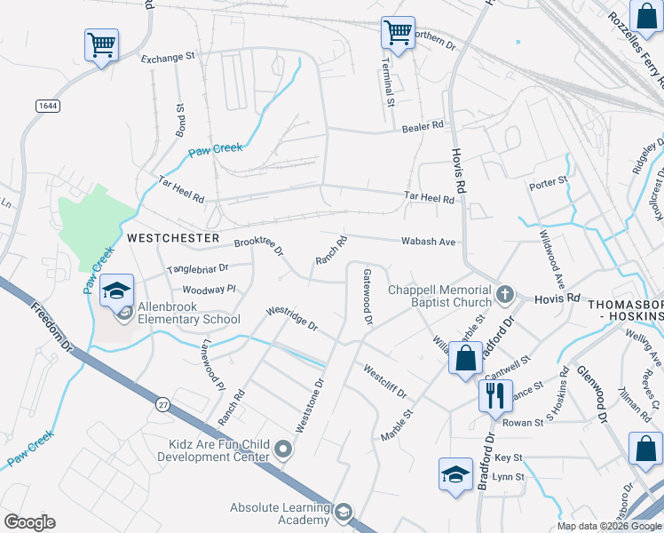 map of restaurants, bars, coffee shops, grocery stores, and more near 4434 Brooktree Drive in Charlotte