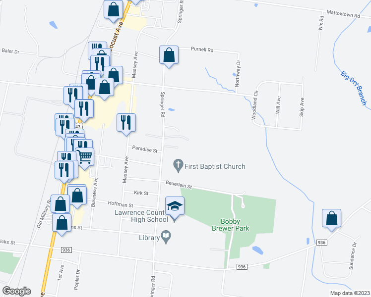 map of restaurants, bars, coffee shops, grocery stores, and more near 2114 Springer Road in Lawrenceburg