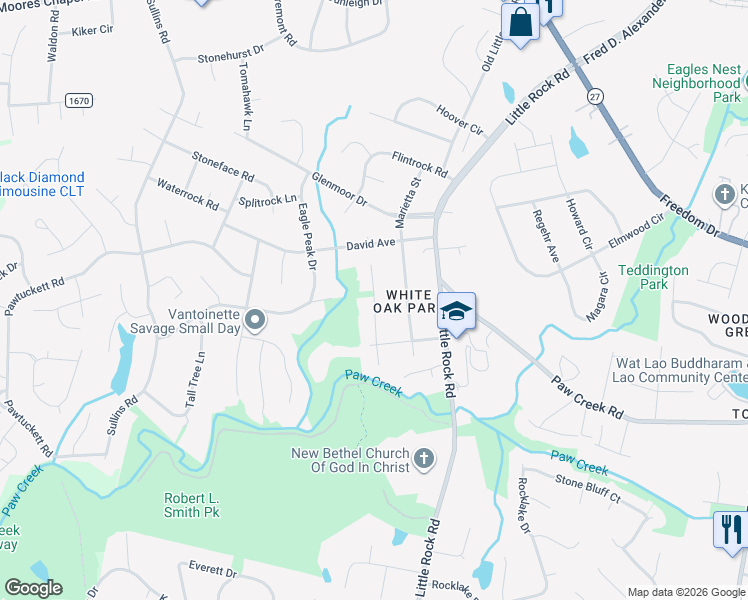 map of restaurants, bars, coffee shops, grocery stores, and more near Ashford Street in Charlotte