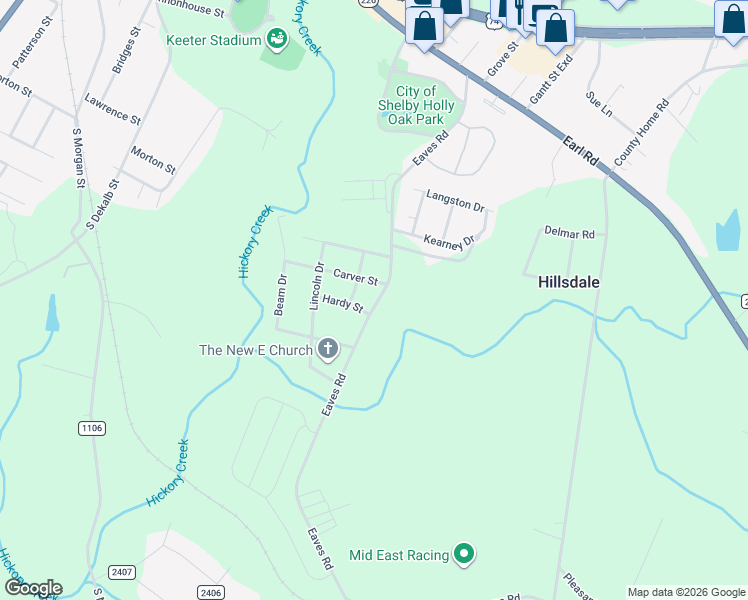 map of restaurants, bars, coffee shops, grocery stores, and more near 1619 Eaves Road in Shelby