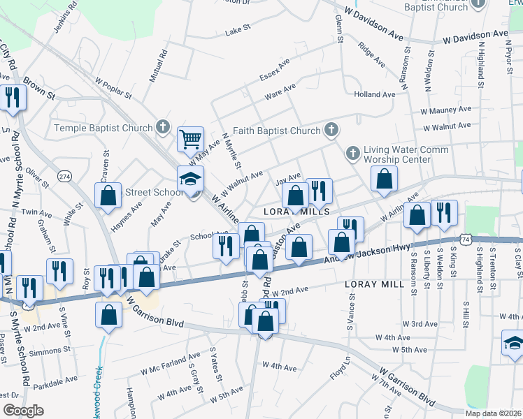 map of restaurants, bars, coffee shops, grocery stores, and more near 1410 Rosewood Lane in Gastonia