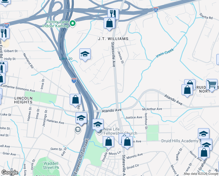 map of restaurants, bars, coffee shops, grocery stores, and more near 2023 Whittington Street in Charlotte