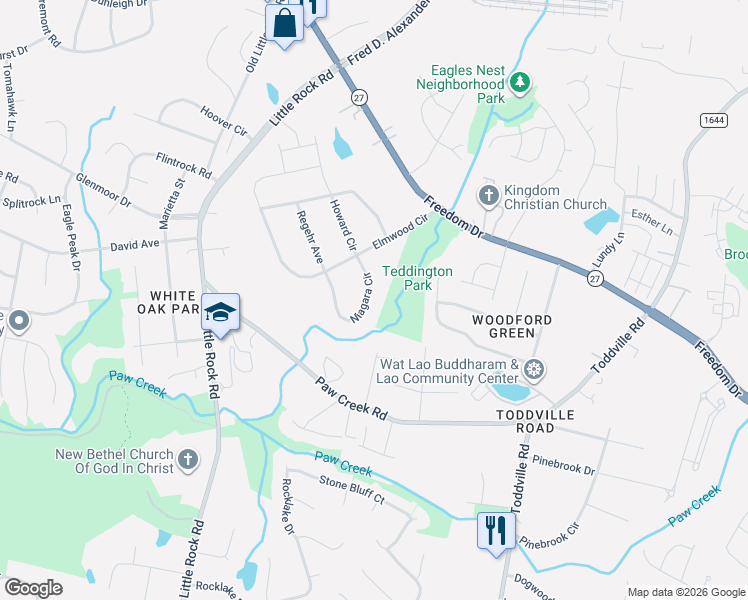 map of restaurants, bars, coffee shops, grocery stores, and more near 1432 Niagara Circle in Charlotte