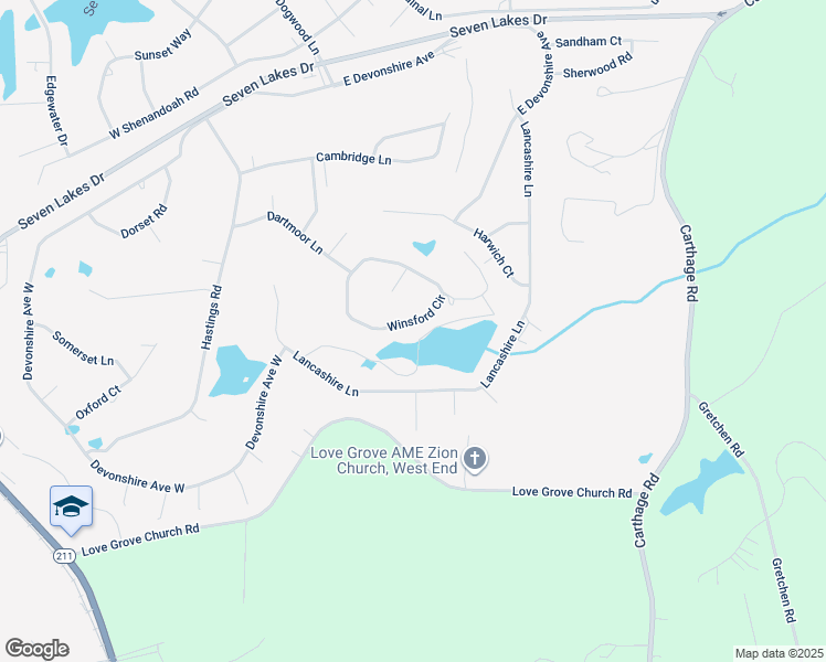 map of restaurants, bars, coffee shops, grocery stores, and more near Winsford Circle in Seven Lakes