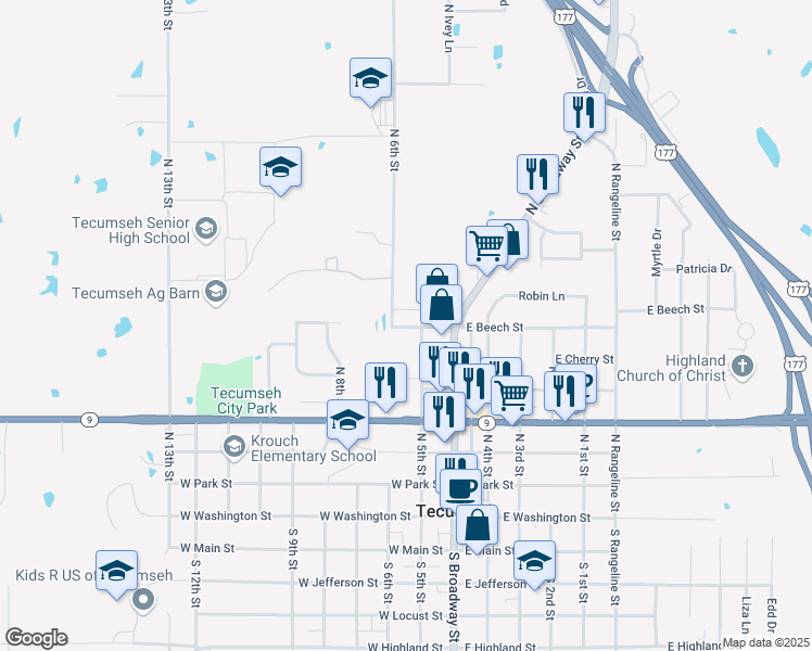 map of restaurants, bars, coffee shops, grocery stores, and more near 205 West Beech Street in Tecumseh