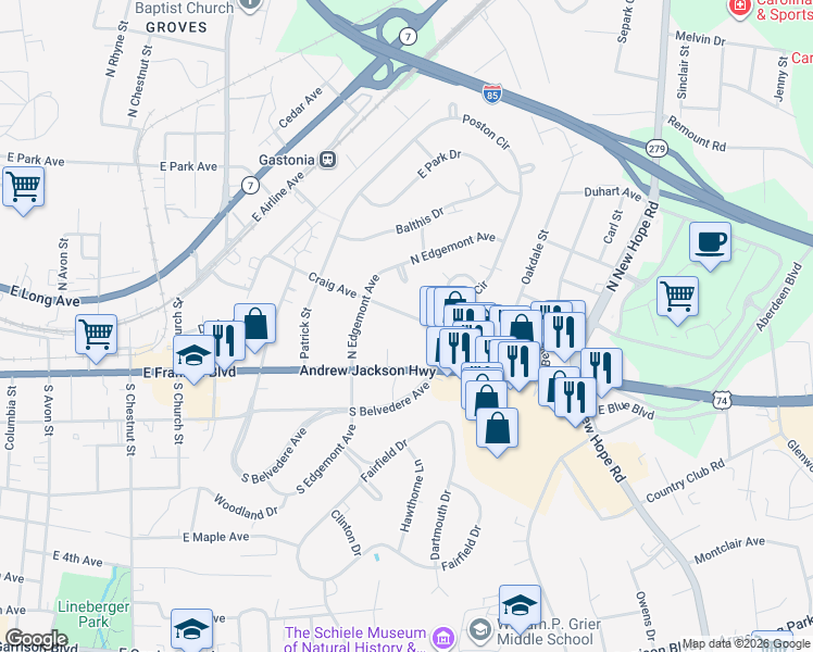 map of restaurants, bars, coffee shops, grocery stores, and more near 1217 Craig Avenue in Gastonia