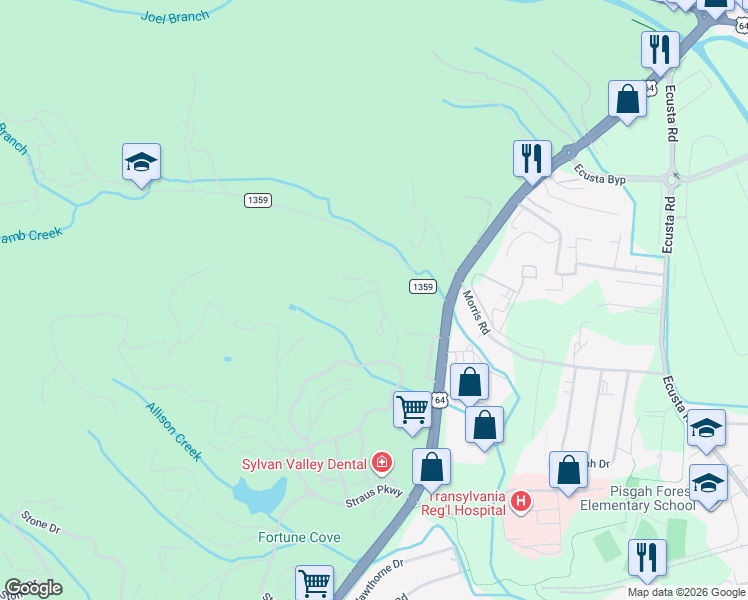 map of restaurants, bars, coffee shops, grocery stores, and more near 24 Timber Trace in Brevard