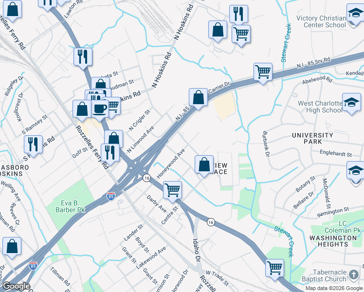 map of restaurants, bars, coffee shops, grocery stores, and more near in Charlotte