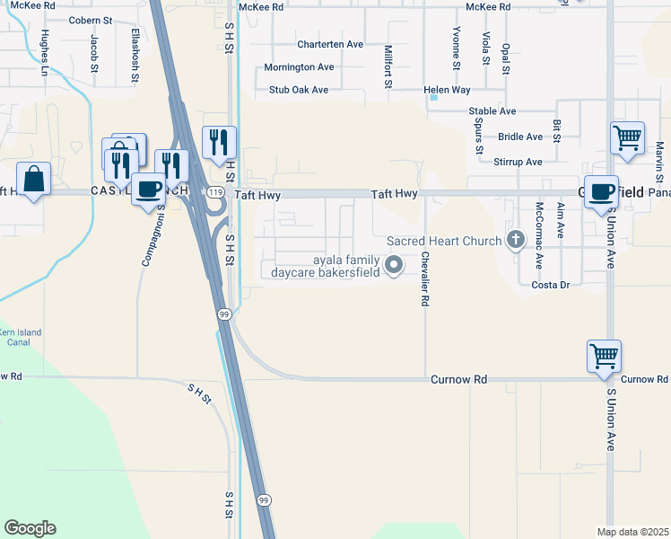 map of restaurants, bars, coffee shops, grocery stores, and more near 1225 Taft Highway in Bakersfield