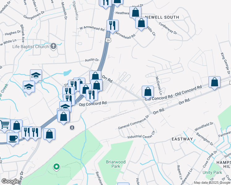 map of restaurants, bars, coffee shops, grocery stores, and more near 61 Pecan Grove Mobile Home Park Drive in Charlotte