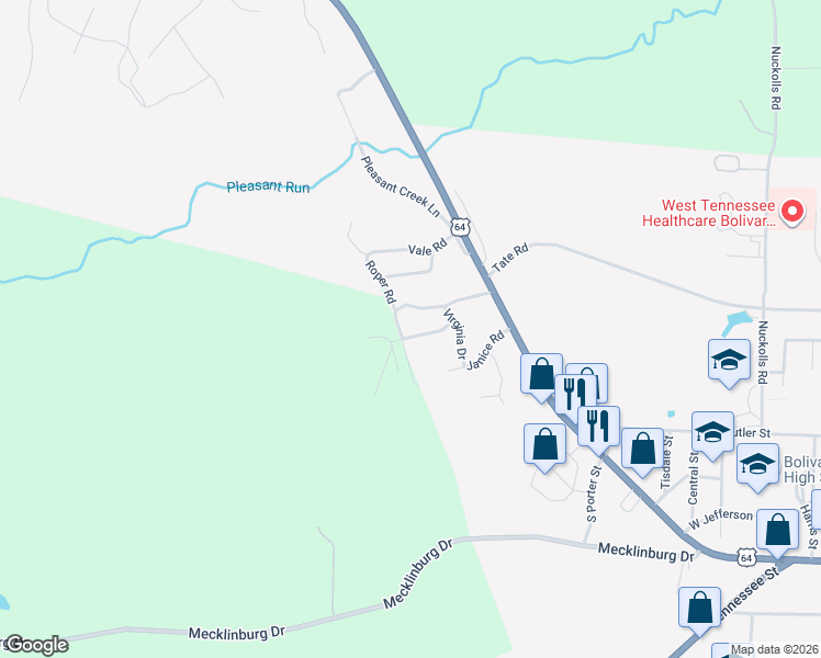 map of restaurants, bars, coffee shops, grocery stores, and more near 1400 Roper Road in Bolivar
