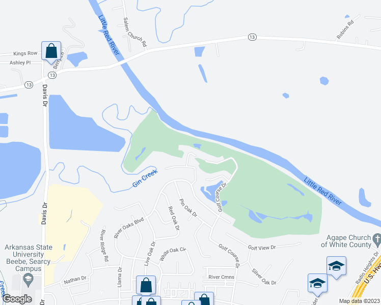 map of restaurants, bars, coffee shops, grocery stores, and more near 300 River Bend Drive in Searcy