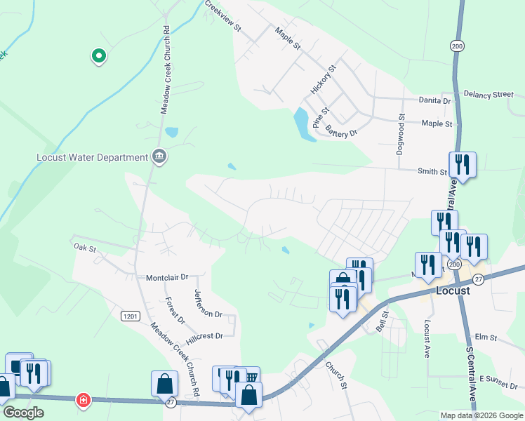 map of restaurants, bars, coffee shops, grocery stores, and more near 302 Old Hickory Road in Locust