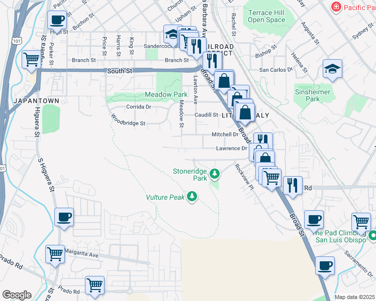map of restaurants, bars, coffee shops, grocery stores, and more near 486 Stoneridge Drive in San Luis Obispo