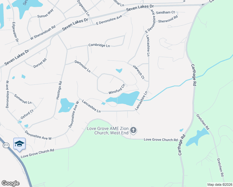 map of restaurants, bars, coffee shops, grocery stores, and more near 124 Winsford Circle in Seven Lakes