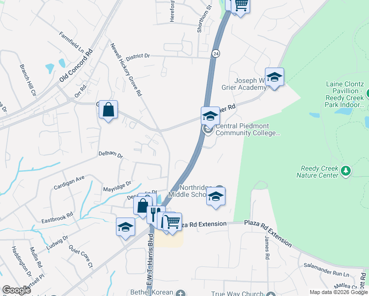 map of restaurants, bars, coffee shops, grocery stores, and more near 3653 Huyton Court in Charlotte