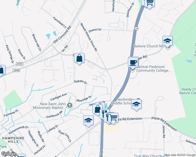 map of restaurants, bars, coffee shops, grocery stores, and more near 2316 Ginger Lane in Charlotte